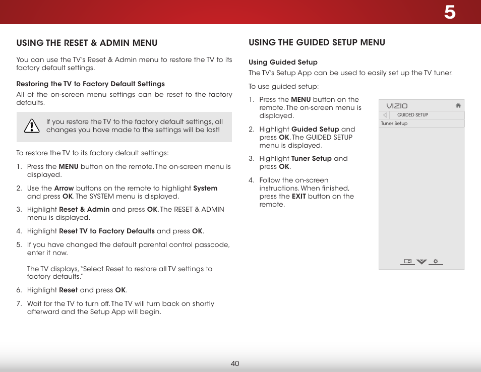 Using the reset & admin menu, Restoring the tv to factory default settings, Using the guided setup menu | Using guided setup | Vizio E390-B1E - User Manual User Manual | Page 46 / 57