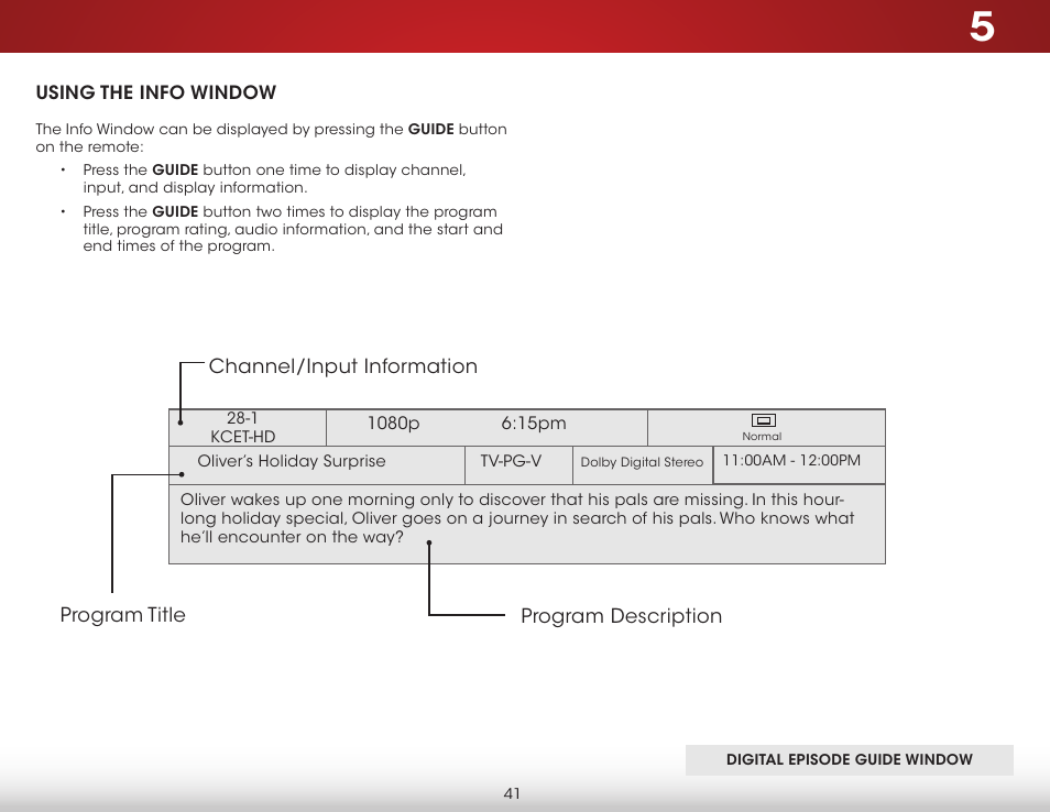 Using the info window | Vizio E390-B1E - User Manual User Manual | Page 47 / 57