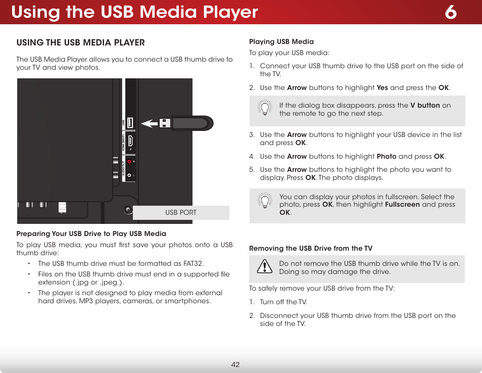 Using the usb media player, Preparing your usb drive to play usb media, Playing usb media | Removing the usb drive from the tv | Vizio E390-B1E - User Manual User Manual | Page 48 / 57