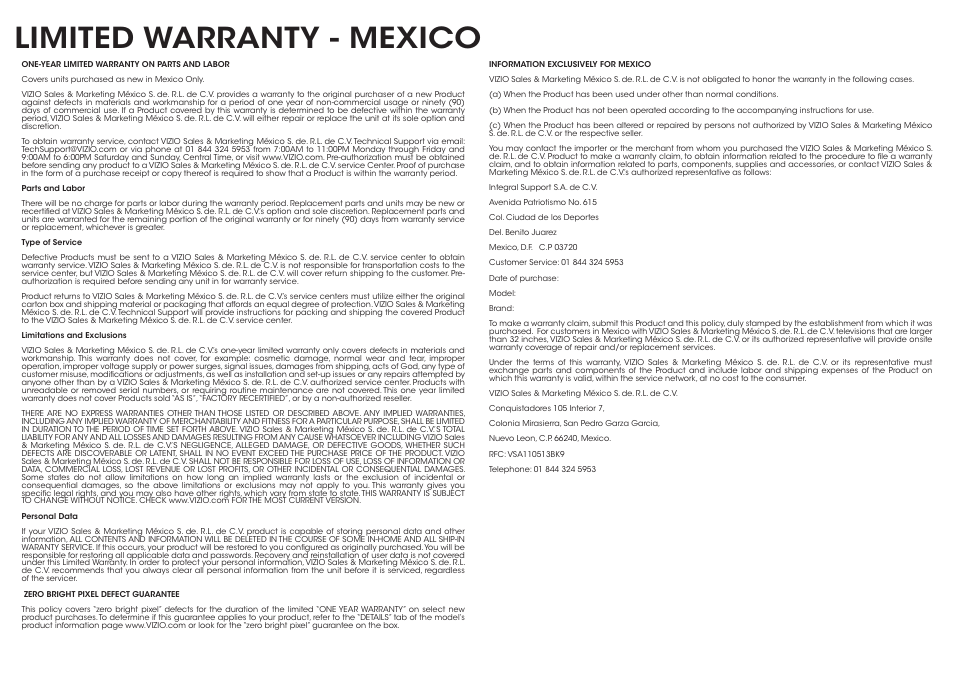 Limited warranty - mexico | Vizio E390-B1E - Quickstart Guide User Manual | Page 19 / 20