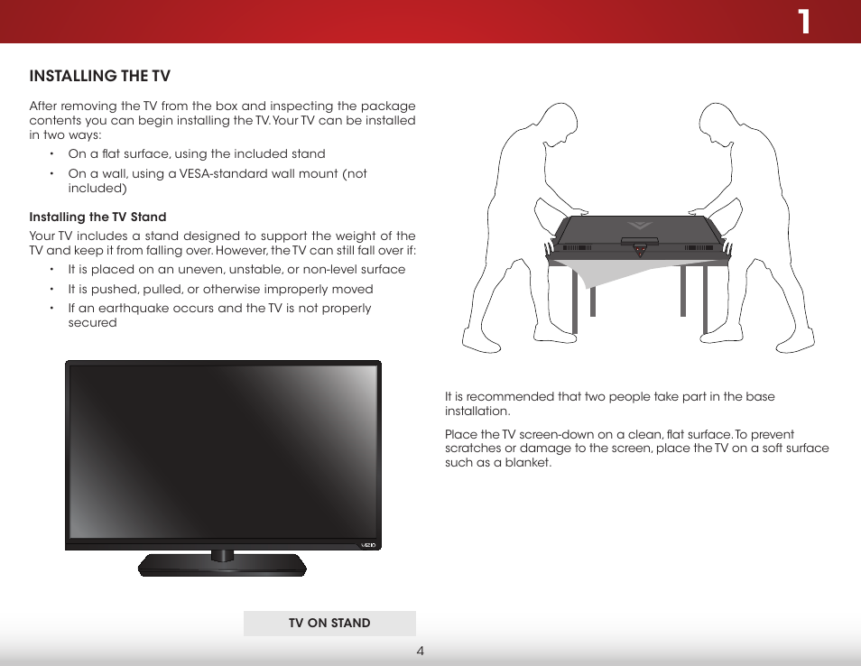 Installing the tv, Installing the tv stand | Vizio E400i-B2 - User Manual User Manual | Page 10 / 76
