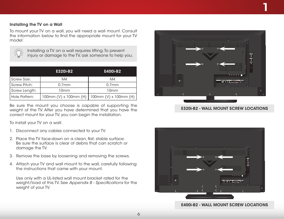 Installing the tv on a wall | Vizio E400i-B2 - User Manual User Manual | Page 12 / 76