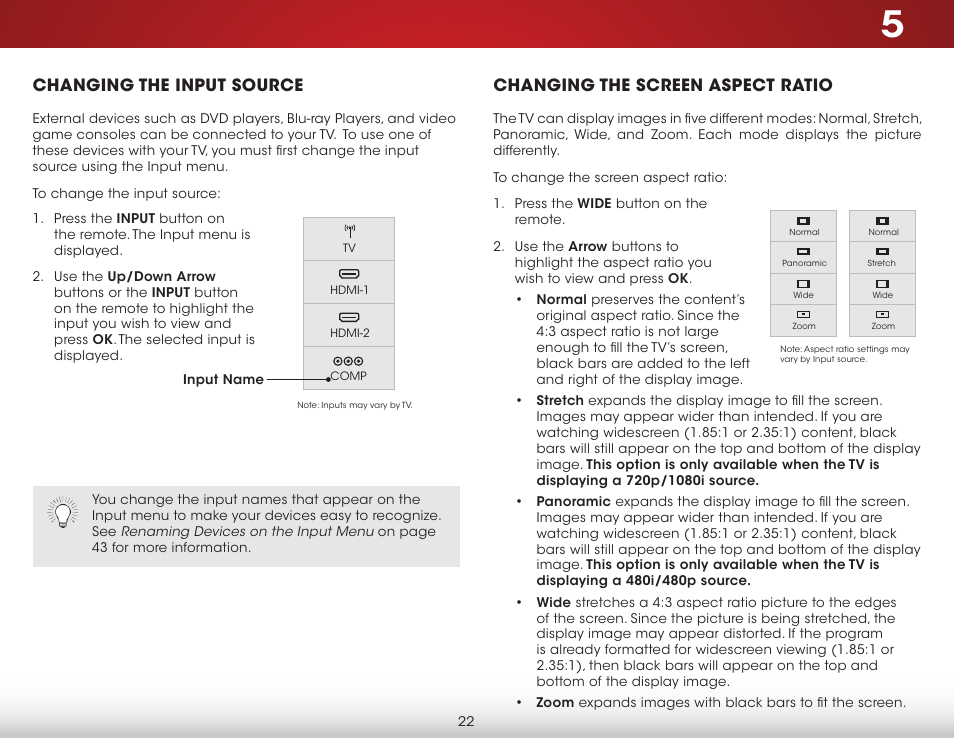 Changing the input source, Changing the screen aspect ratio | Vizio E400i-B2 - User Manual User Manual | Page 28 / 76