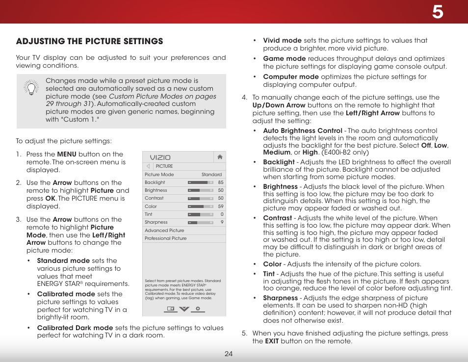 Adjusting the picture settings | Vizio E400i-B2 - User Manual User Manual | Page 30 / 76