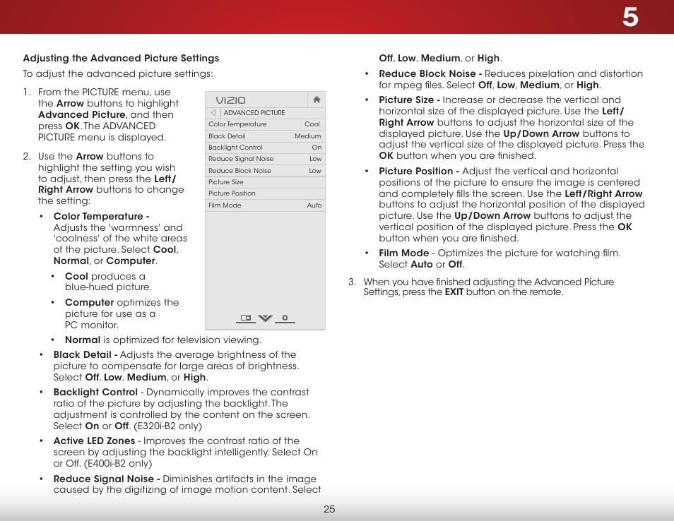 Adjusting the advanced picture settings | Vizio E400i-B2 - User Manual User Manual | Page 31 / 76