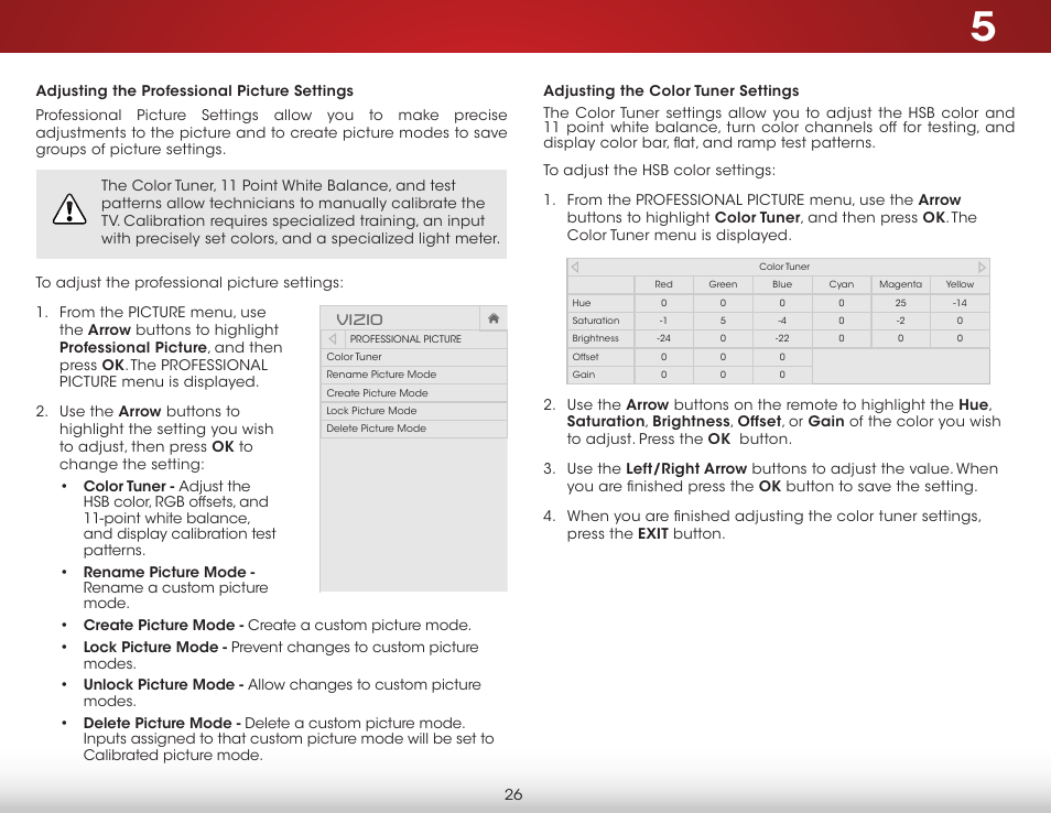 Adjusting the professional picture settings, Adjusting the color tuner settings, Vizio | Vizio E400i-B2 - User Manual User Manual | Page 32 / 76