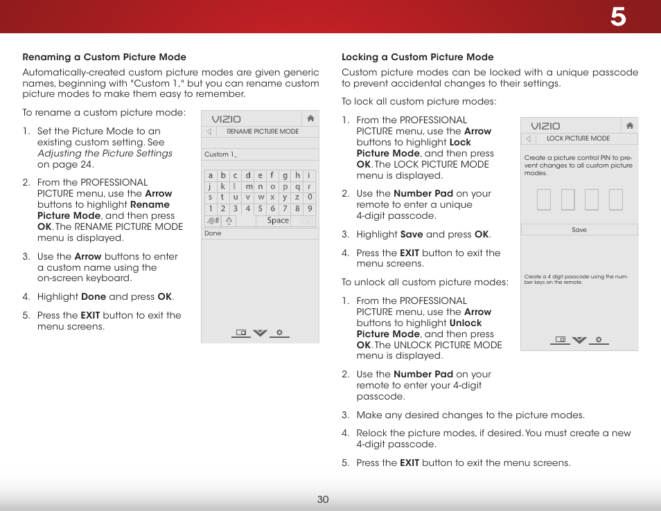 Renaming a custom picture mode, Locking a custom picture mode | Vizio E400i-B2 - User Manual User Manual | Page 36 / 76