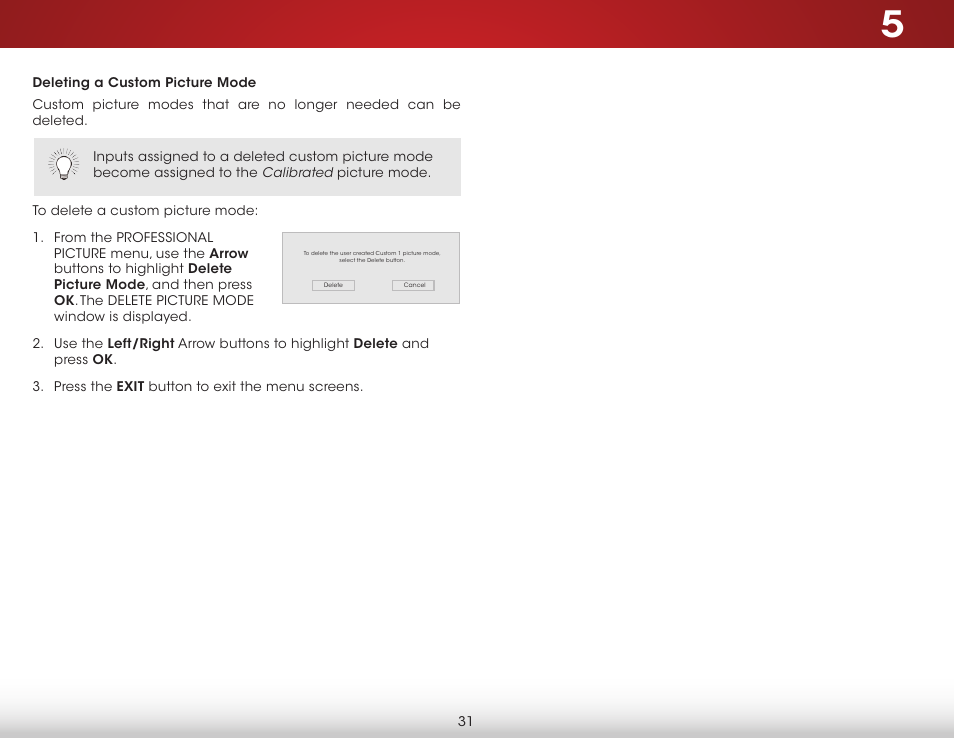 Deleting a custom picture mode | Vizio E400i-B2 - User Manual User Manual | Page 37 / 76