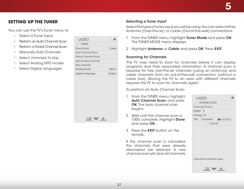 Setting up the tuner, Selecting a tuner input, Scanning for channels | Selecting a tuner input scanning for channels, Vizio | Vizio E400i-B2 - User Manual User Manual | Page 43 / 76