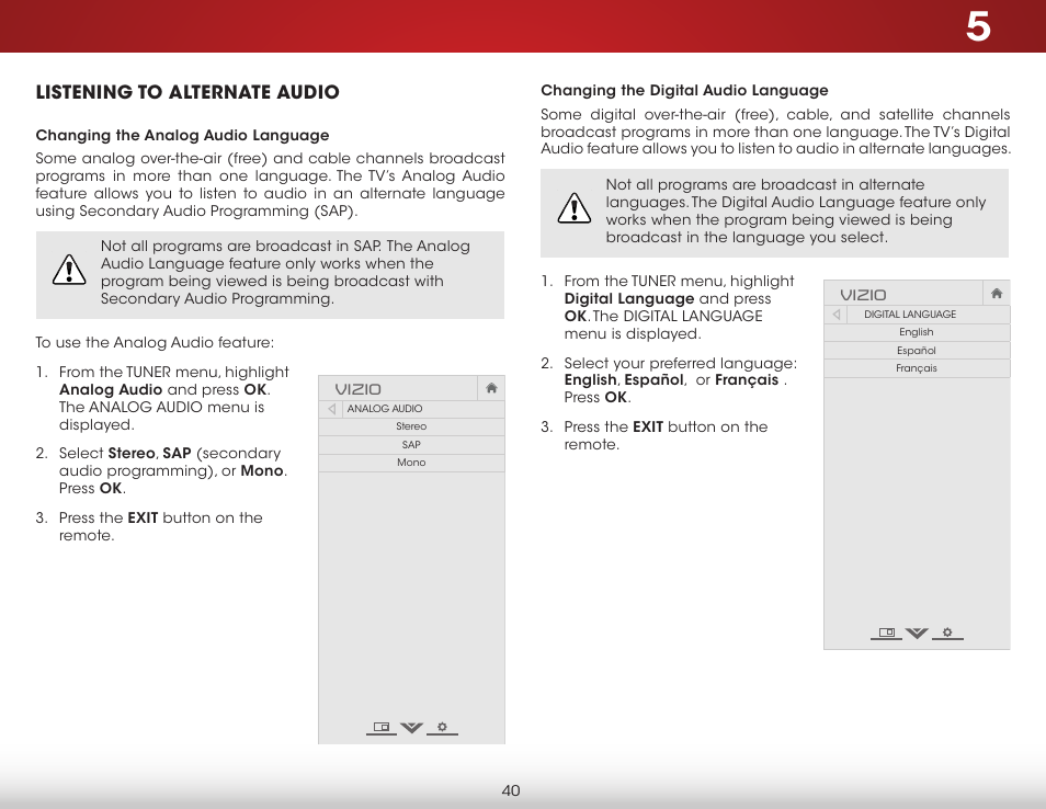 Listening to alternate audio, Changing the analog audio language, Changing the digital audio language | Vizio | Vizio E400i-B2 - User Manual User Manual | Page 46 / 76