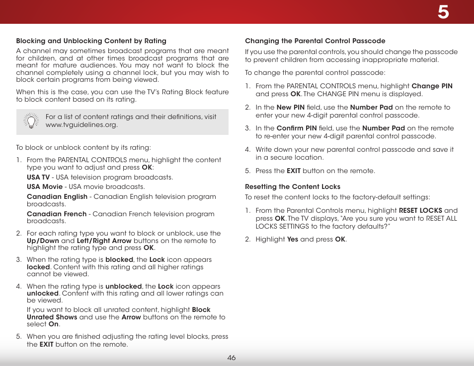 Blocking and unblocking content by rating, Changing the parental control passcode, Resetting the content locks | Vizio E400i-B2 - User Manual User Manual | Page 52 / 76
