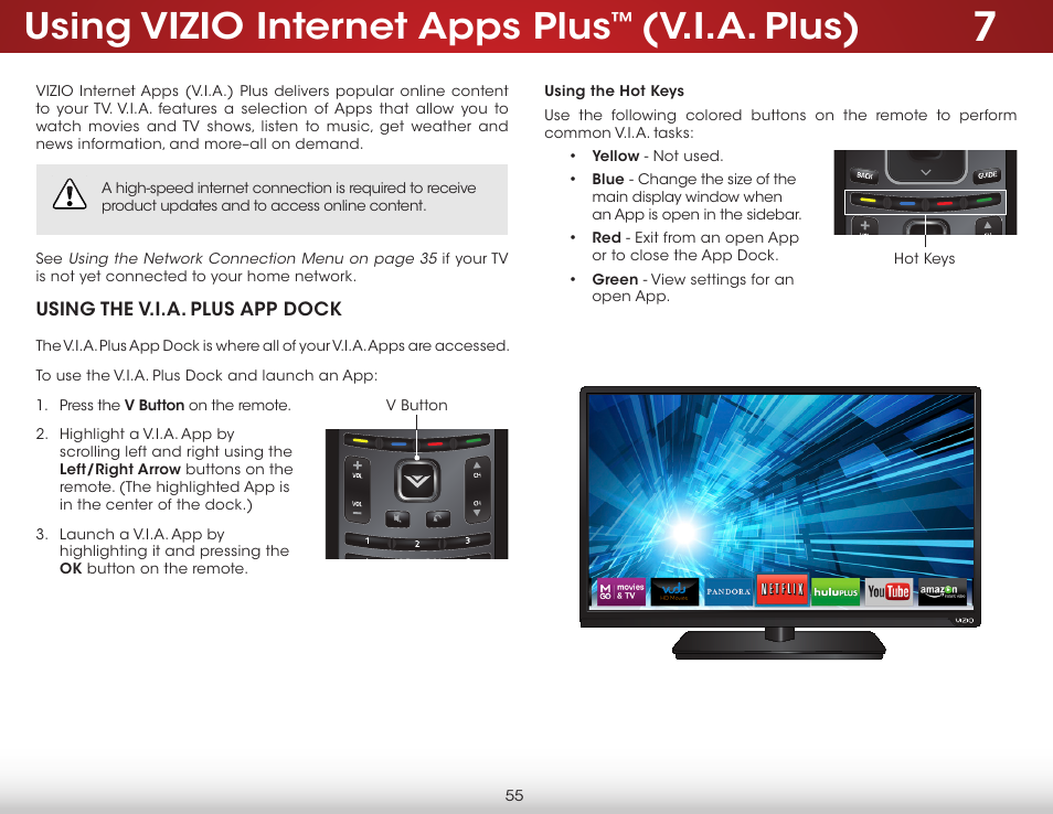 Using vizio internet apps plus™ (v.i.a. plus), Using the v.i.a. plus app dock, Using the hot keys | Using vizio internet apps plus, V.i.a. plus) | Vizio E400i-B2 - User Manual User Manual | Page 61 / 76