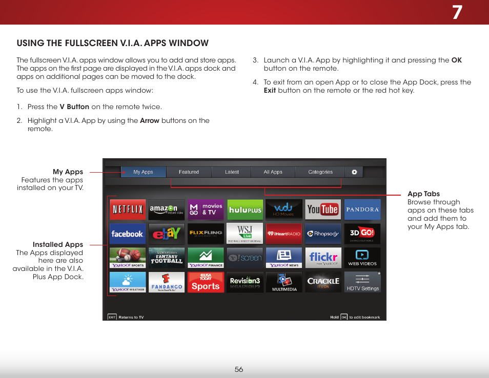 Using the fullscreen v.i.a. apps window, To use the v.i.a. fullscreen apps window | Vizio E400i-B2 - User Manual User Manual | Page 62 / 76