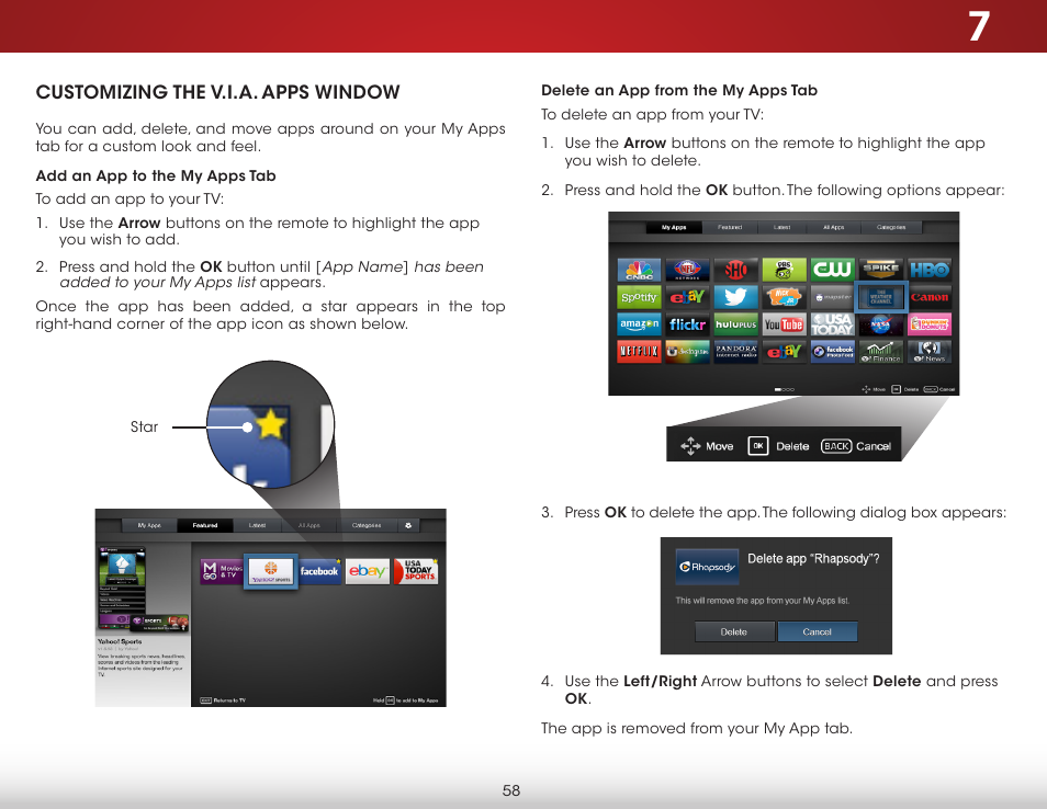 Customizing the v.i.a. apps window, Add an app to the my apps tab, Delete an app from the my apps tab | Vizio E400i-B2 - User Manual User Manual | Page 64 / 76