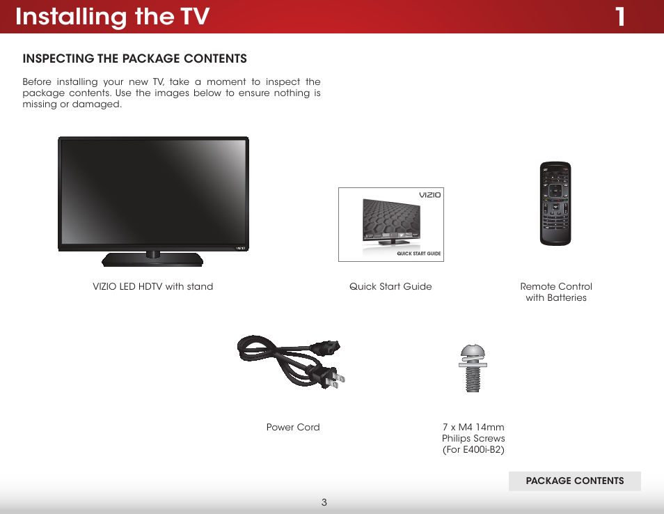 Installing the tv, Inspecting the package contents | Vizio E400i-B2 - User Manual User Manual | Page 9 / 76