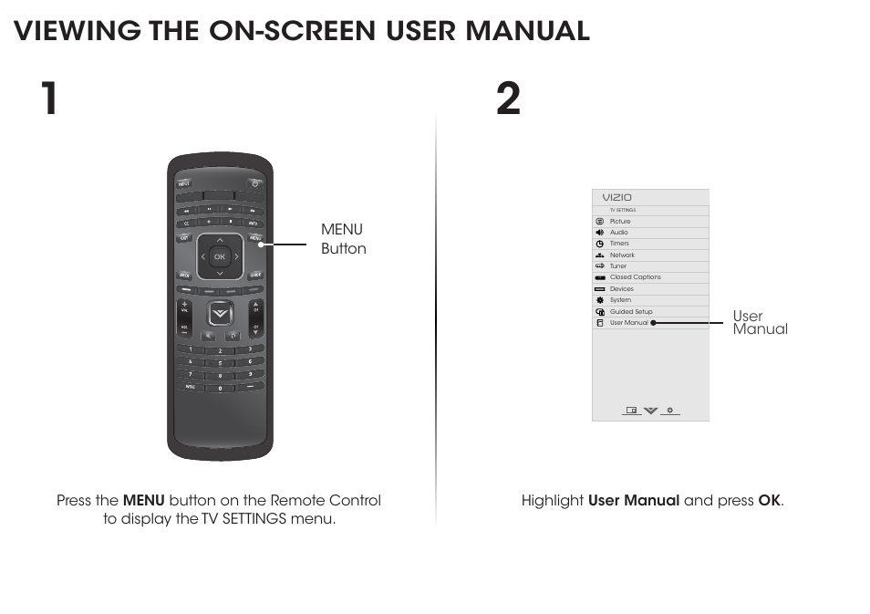 Viewing the on-screen user manual, Highlight user manual and press ok, User manual | Vizio E400i-B2 - Quickstart Guide User Manual | Page 10 / 20