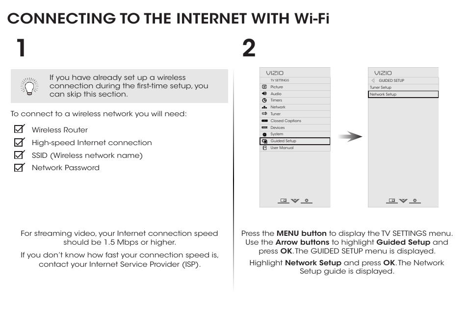 Connecting to the internet with wi-fi | Vizio E400i-B2 - Quickstart Guide User Manual | Page 12 / 20