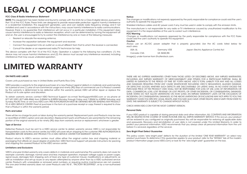Legal / compliance, Limited warranty | Vizio E400i-B2 - Quickstart Guide User Manual | Page 19 / 20