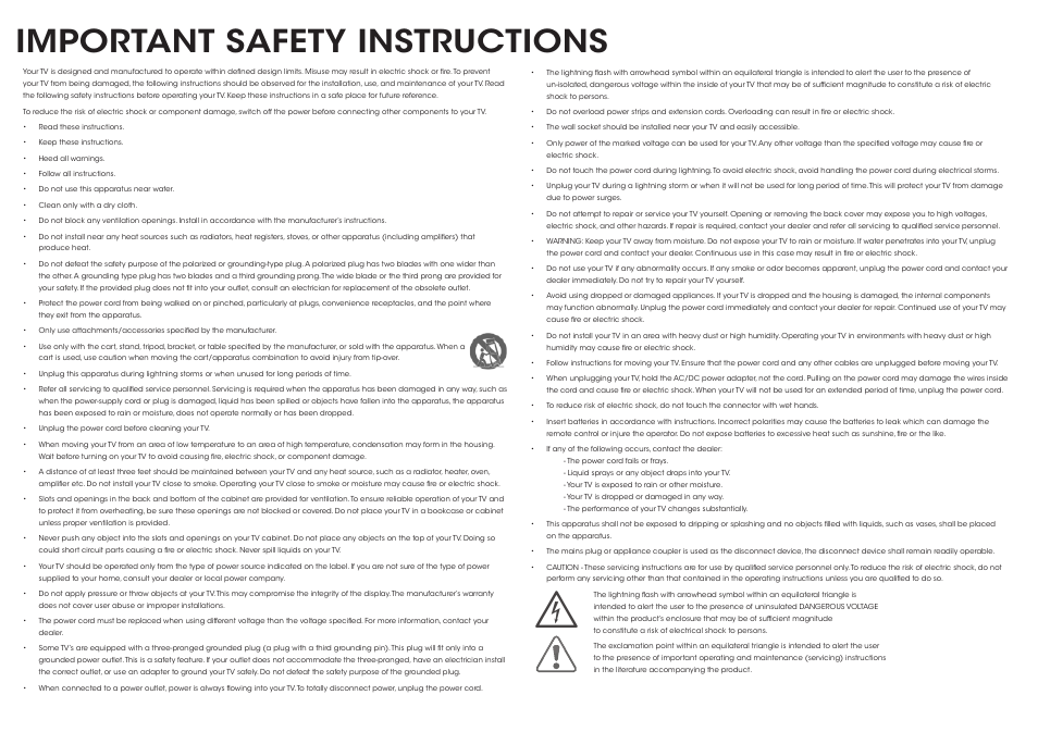 Important safety instructions | Vizio E400i-B2 - Quickstart Guide User Manual | Page 2 / 20