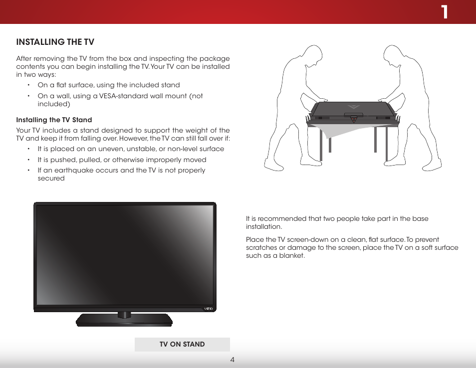 Installing the tv, Installing the tv stand | Vizio E420i-B0 - User Manual User Manual | Page 10 / 75