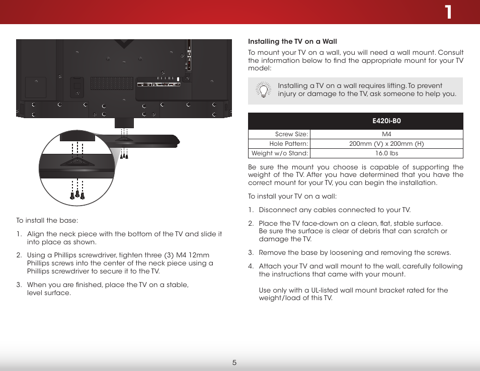 Installing the tv on a wall | Vizio E420i-B0 - User Manual User Manual | Page 11 / 75