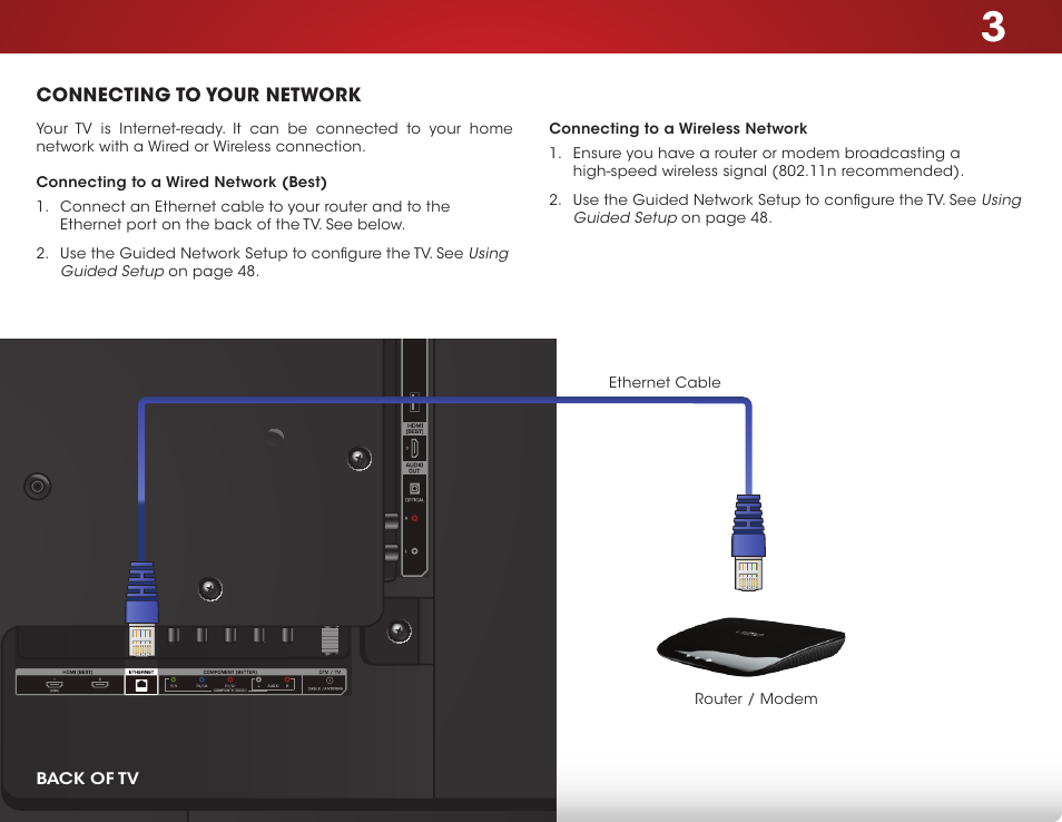 Connecting to your network, Connecting to a wired network (best), Connecting to a wireless network | Vizio E420i-B0 - User Manual User Manual | Page 23 / 75