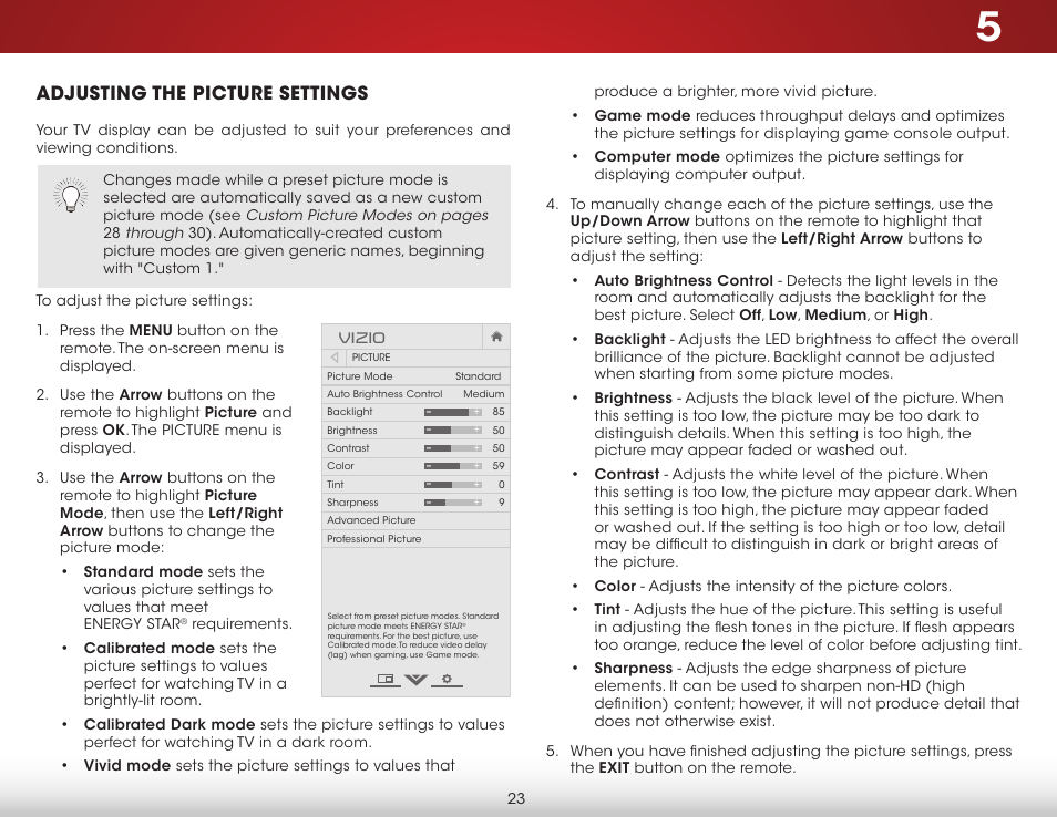 Adjusting the picture settings | Vizio E420i-B0 - User Manual User Manual | Page 29 / 75