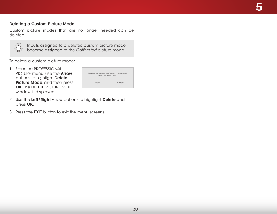 Deleting a custom picture mode | Vizio E420i-B0 - User Manual User Manual | Page 36 / 75