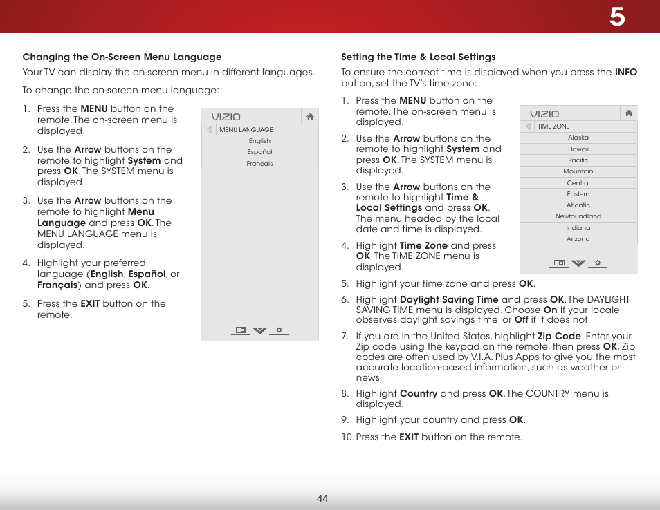 Changing the on-screen menu language, Setting the time & local settings | Vizio E420i-B0 - User Manual User Manual | Page 50 / 75