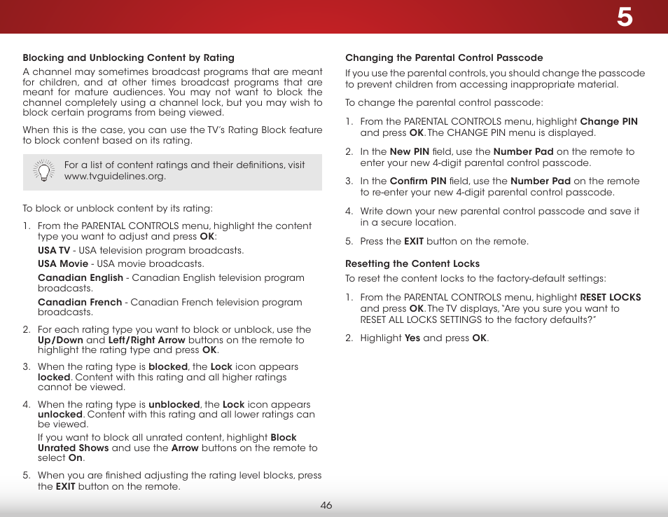 Blocking and unblocking content by rating, Changing the parental control passcode, Resetting the content locks | Vizio E420i-B0 - User Manual User Manual | Page 52 / 75