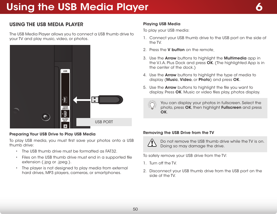 Using the usb media player, Preparing your usb drive to play usb media, Playing usb media | Removing the usb drive from the tv | Vizio E420i-B0 - User Manual User Manual | Page 56 / 75