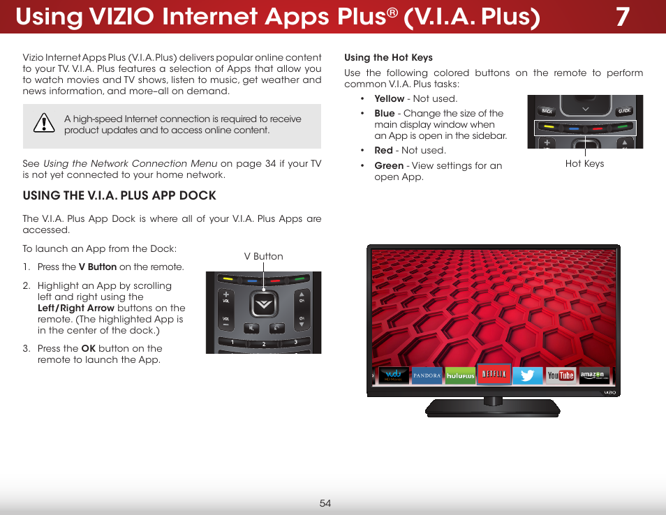 Using vizio internet apps plus® (v.i.a. plus), Using the v.i.a. plus app dock, Using the hot keys | Using vizio internet apps plus, V.i.a. plus) | Vizio E420i-B0 - User Manual User Manual | Page 60 / 75