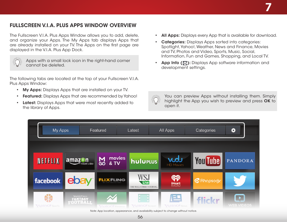 Fullscreen v.i.a. plus apps window overview | Vizio E420i-B0 - User Manual User Manual | Page 62 / 75
