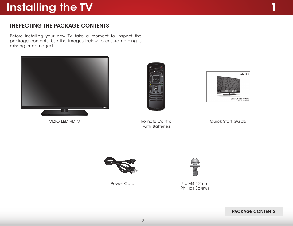 Installing the tv, Inspecting the package contents | Vizio E420i-B0 - User Manual User Manual | Page 9 / 75