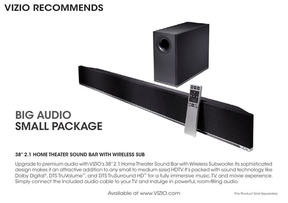 Big audio small package, Vizio recommends | Vizio E420i-B0 - Quickstart Guide User Manual | Page 7 / 20