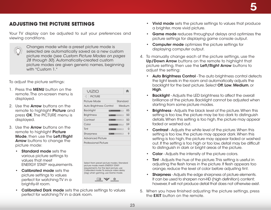 Adjusting the picture settings | Vizio E550i-B2 - User Manual User Manual | Page 29 / 75