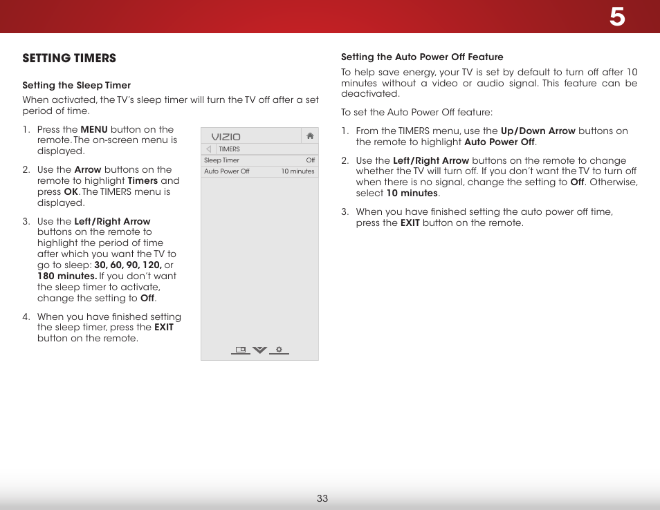 Setting timers, Setting the sleep timer, Setting the auto power off feature | Vizio E550i-B2 - User Manual User Manual | Page 39 / 75