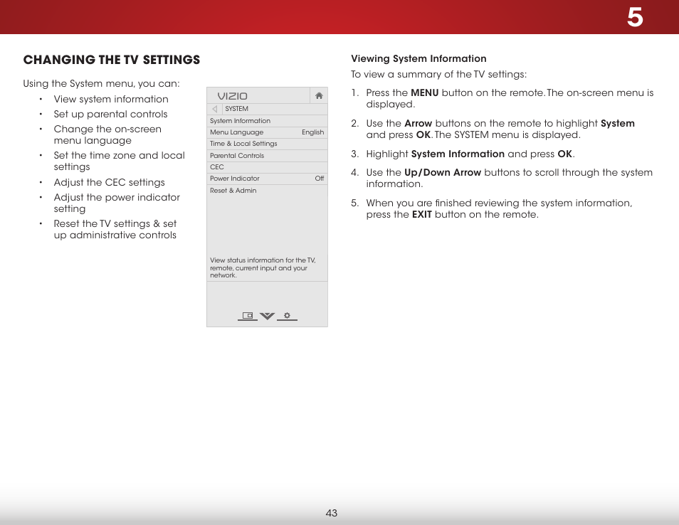 Changing the tv settings, Viewing system information | Vizio E550i-B2 - User Manual User Manual | Page 49 / 75