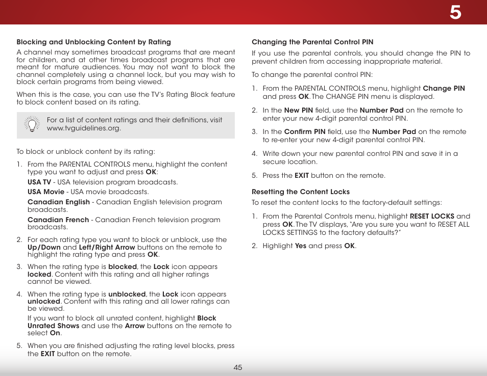 Blocking and unblocking content by rating, Changing the parental control pin, Resetting the content locks | Vizio E550i-B2 - User Manual User Manual | Page 51 / 75