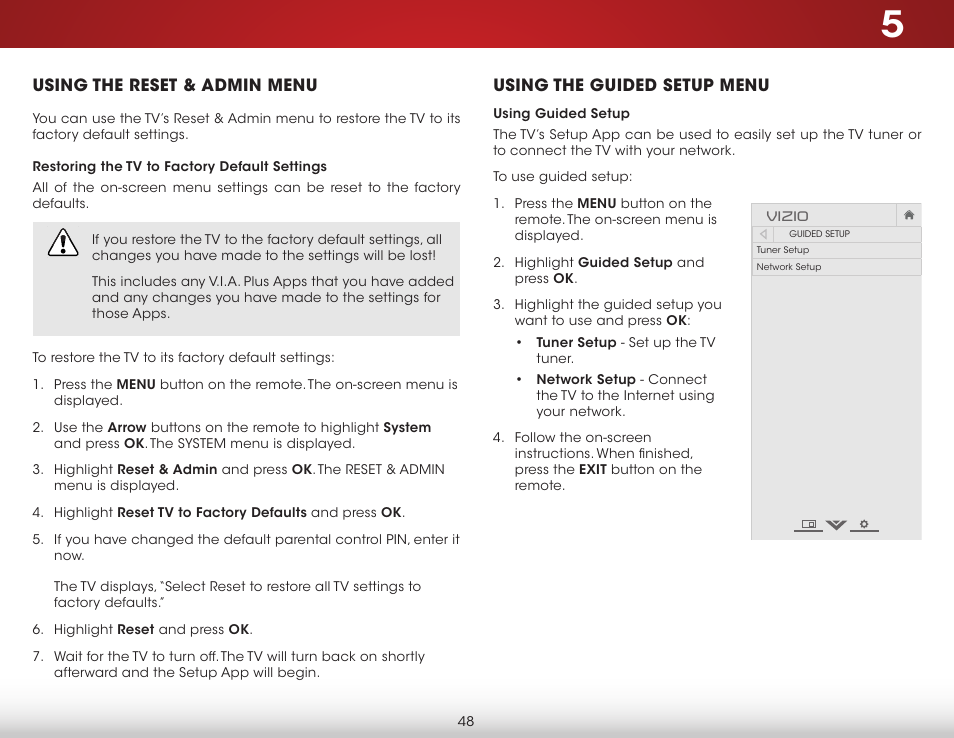 Using the reset & admin menu, Restoring the tv to factory default settings, Using the guided setup menu | Using guided setup, Using | Vizio E550i-B2 - User Manual User Manual | Page 54 / 75