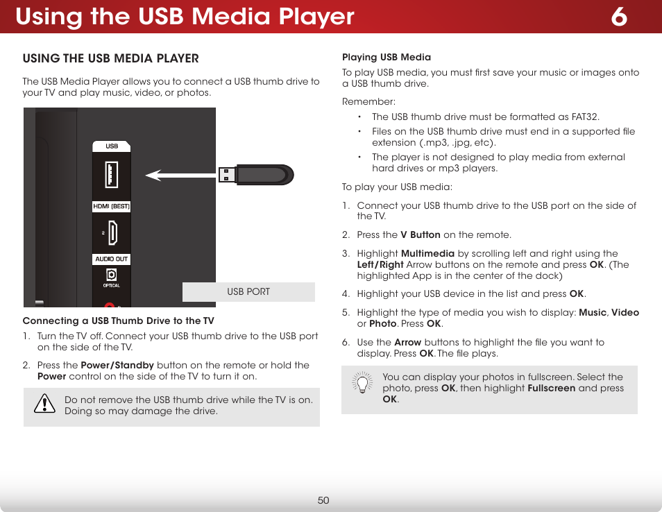 Using the usb media player, Connecting a usb thumb drive to the tv, Playing usb media | Vizio E550i-B2 - User Manual User Manual | Page 56 / 75