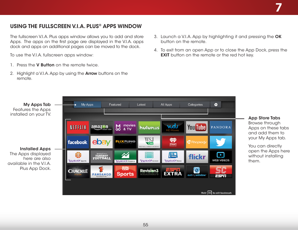 Using the fullscreen v.i.a. plus® apps window, To use the v.i.a. fullscreen apps window, Using the fullscreen v.i.a. plus | Apps window | Vizio E550i-B2 - User Manual User Manual | Page 61 / 75