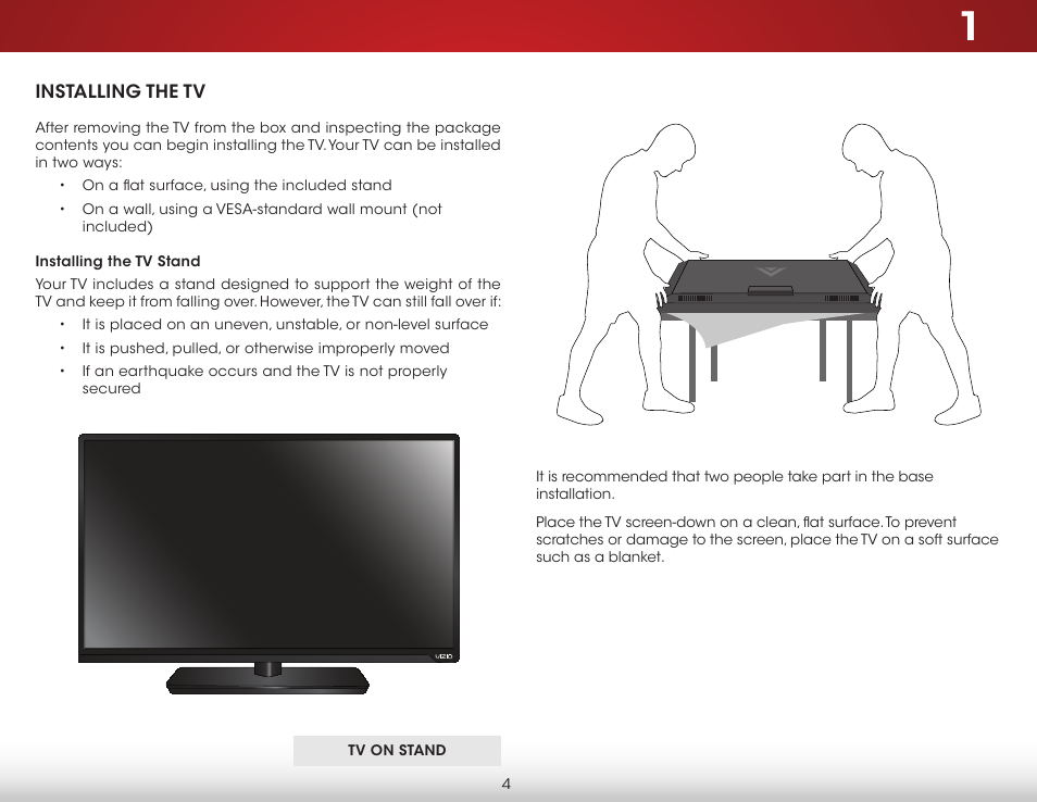 Installing the tv, Installing the tv stand | Vizio E500i-B1 - User Manual User Manual | Page 10 / 75