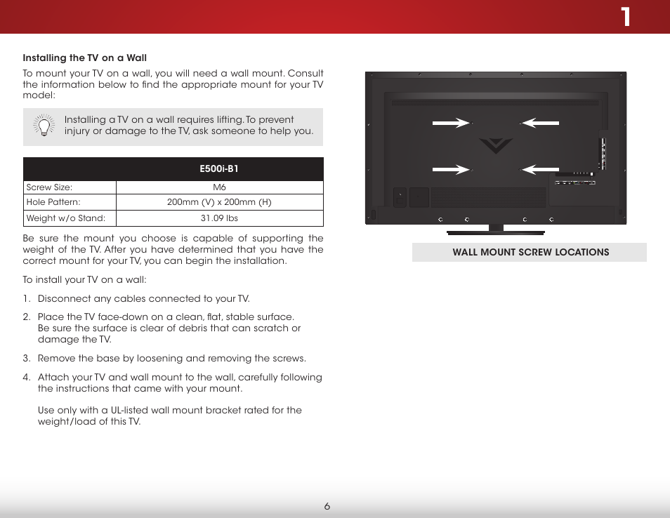 Installing the tv on a wall | Vizio E500i-B1 - User Manual User Manual | Page 12 / 75
