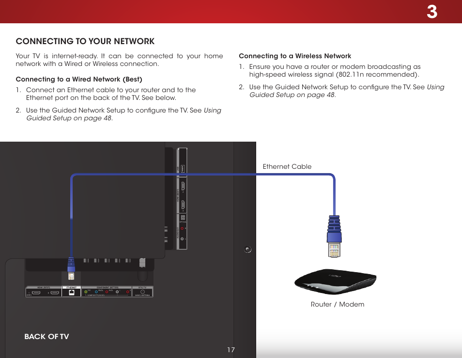 Connecting to your network, Connecting to a wired network (best), Connecting to a wireless network | Vizio E500i-B1 - User Manual User Manual | Page 23 / 75