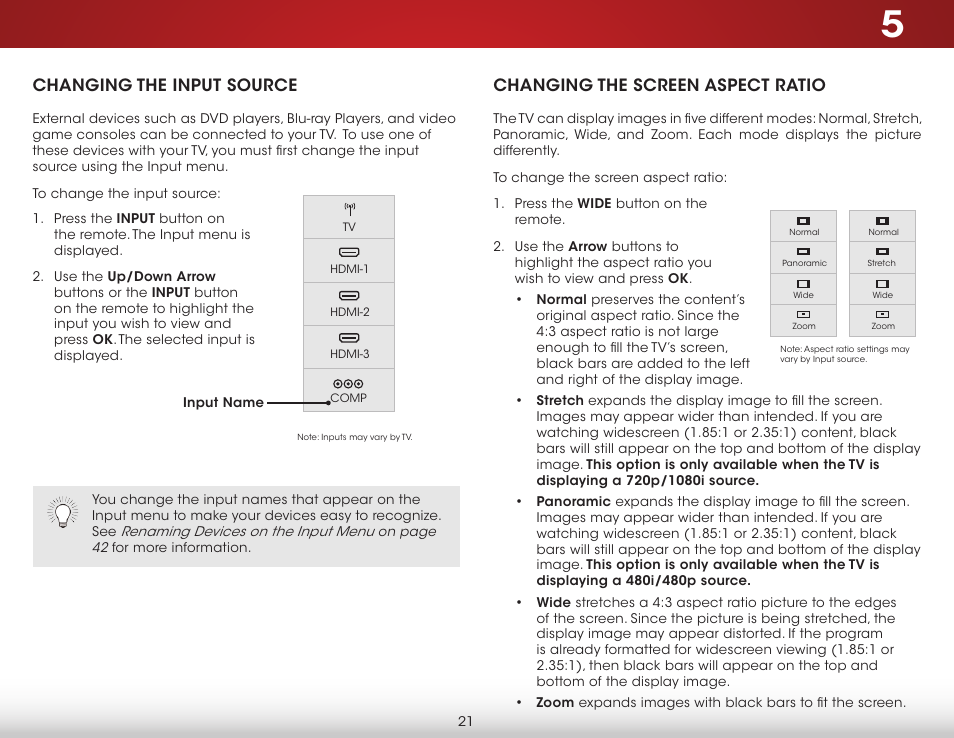 Changing the input source, Changing the screen aspect ratio | Vizio E500i-B1 - User Manual User Manual | Page 27 / 75