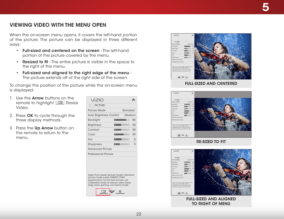 Viewing video with the menu open, Vizio | Vizio E500i-B1 - User Manual User Manual | Page 28 / 75