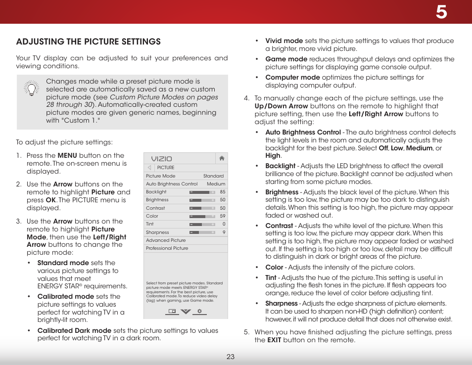 Adjusting the picture settings | Vizio E500i-B1 - User Manual User Manual | Page 29 / 75