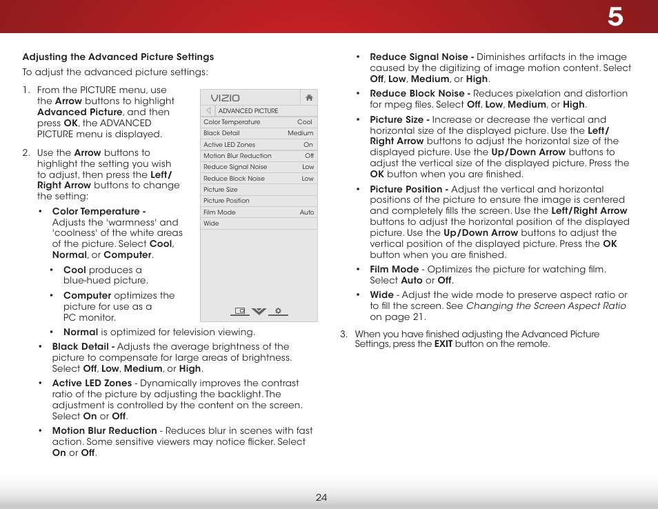Adjusting the advanced picture settings | Vizio E500i-B1 - User Manual User Manual | Page 30 / 75