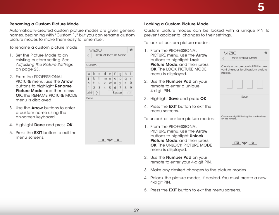 Renaming a custom picture mode, Locking a custom picture mode | Vizio E500i-B1 - User Manual User Manual | Page 35 / 75